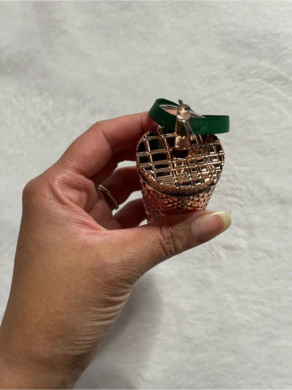 Starbucks Rose Gold Textured Tumbler Keychain with Green Ribbon Loop